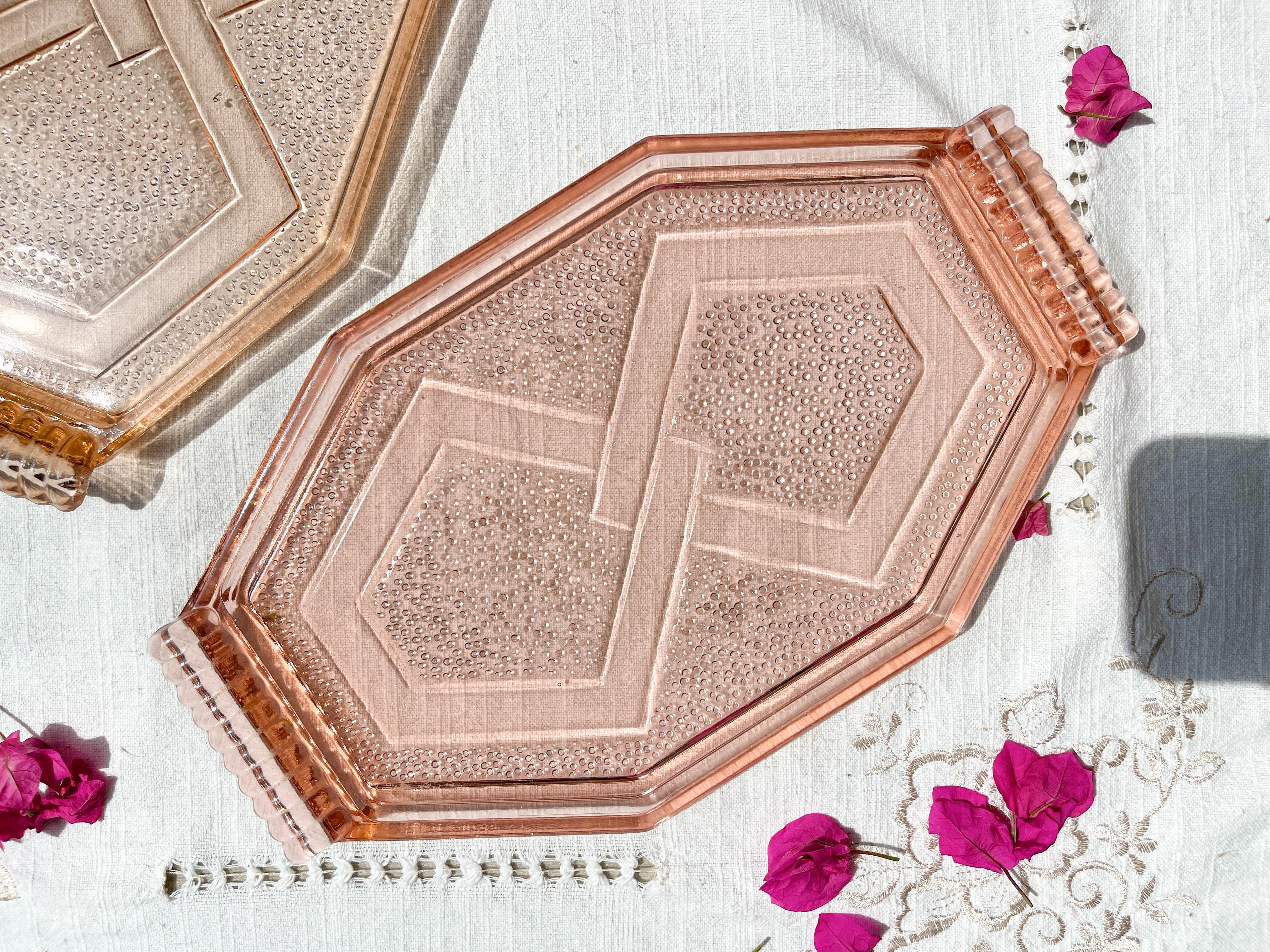 Small art deco pink glass serving trays