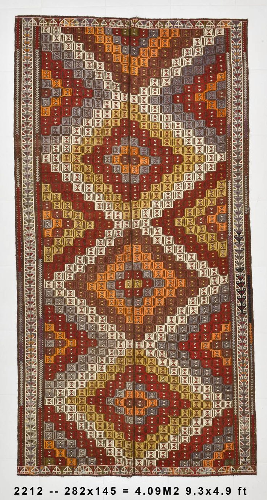 Red Yellow Tribal Pattern Kilim Rug, 145x282Cm