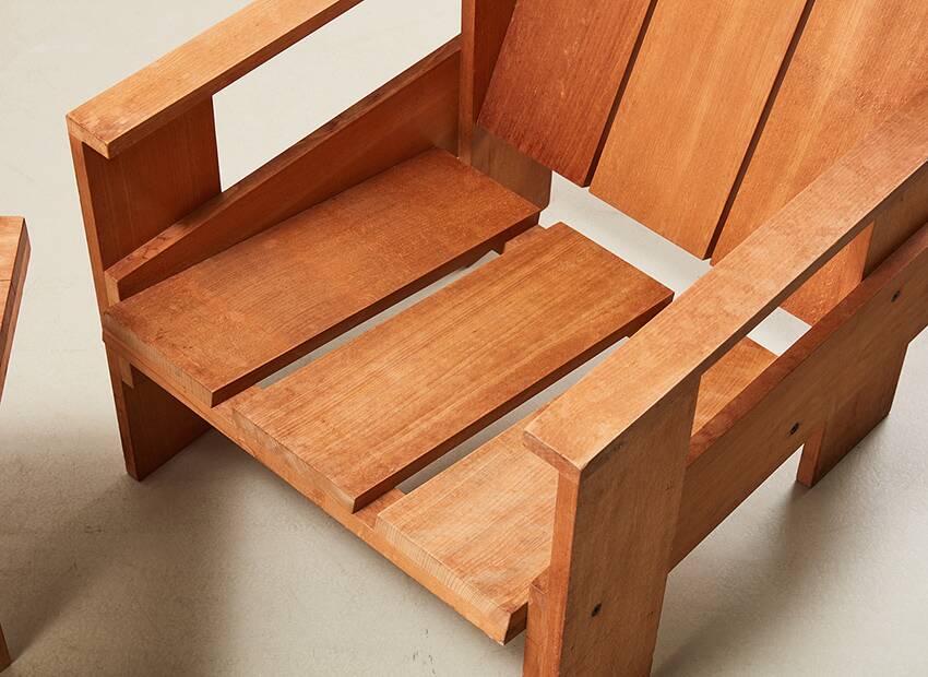 Gerrit Rietveld Pair of Crate Chairs + Table for Cassina 1934/ 1979