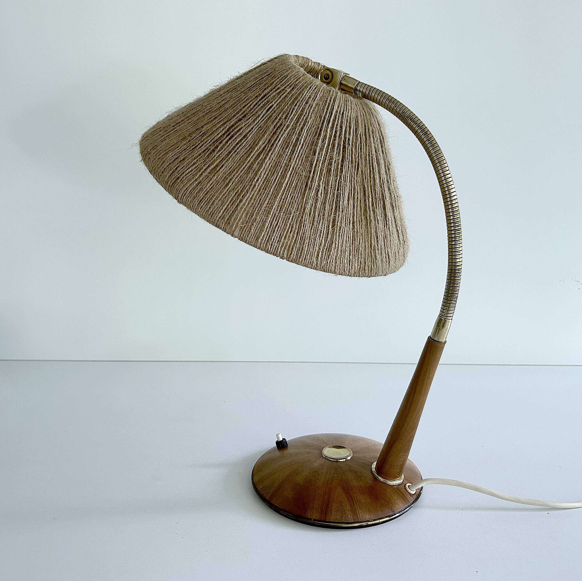 Vintage Scandinavian Lamp, Wood Brass Sisal