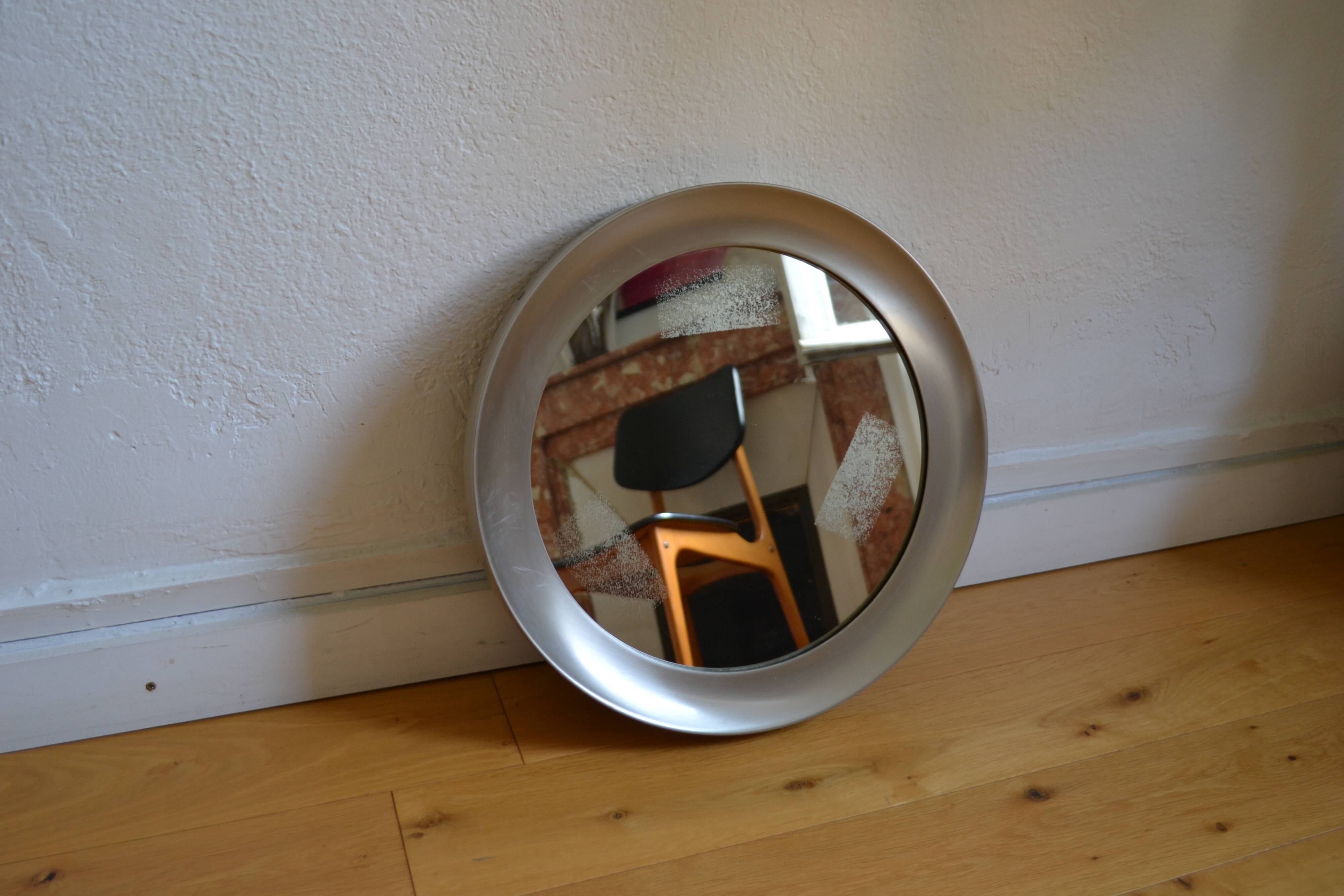 miroir rond 1970 cadre métal inox brossé 43 cm