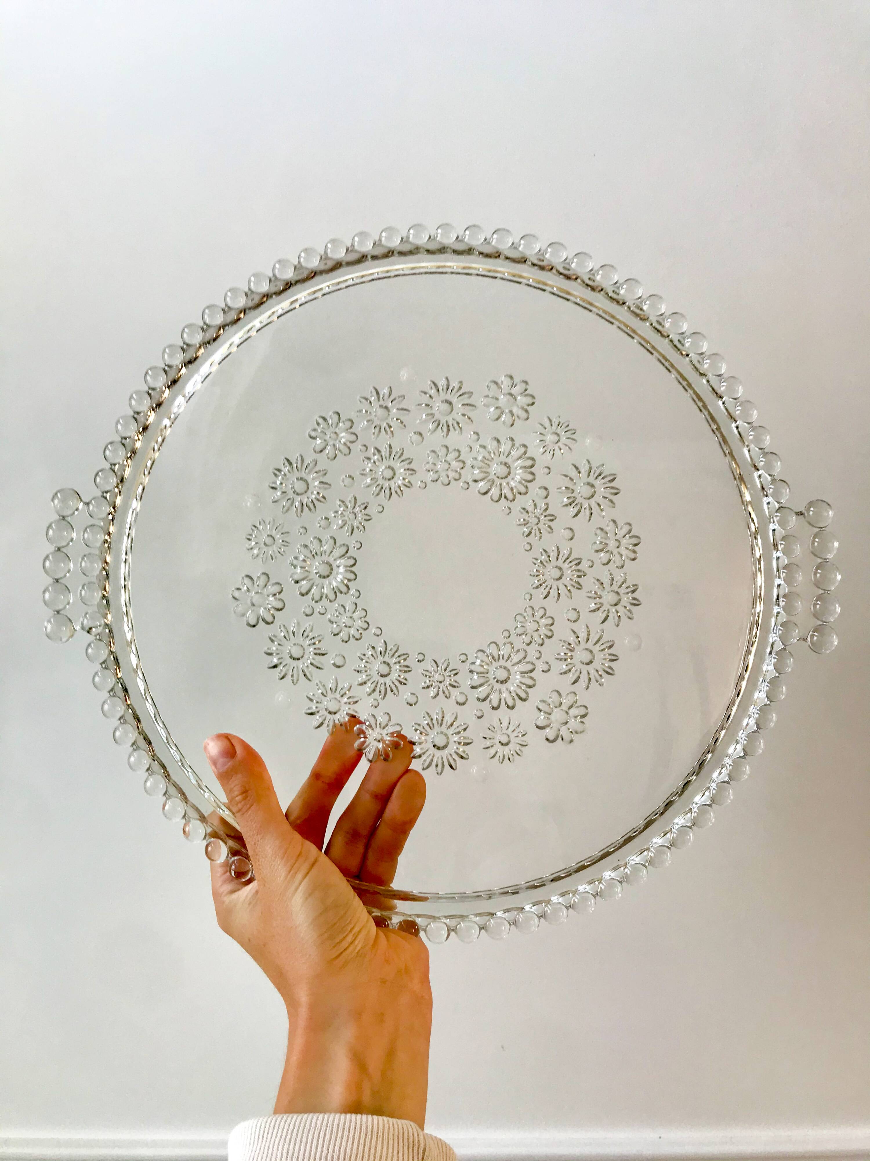 1950s beaded and flowered molded glass tray
