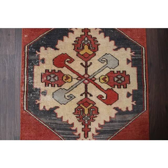Vintage Turkish Oushak Handmade Wool Cotton Red Runner Rug 73x330