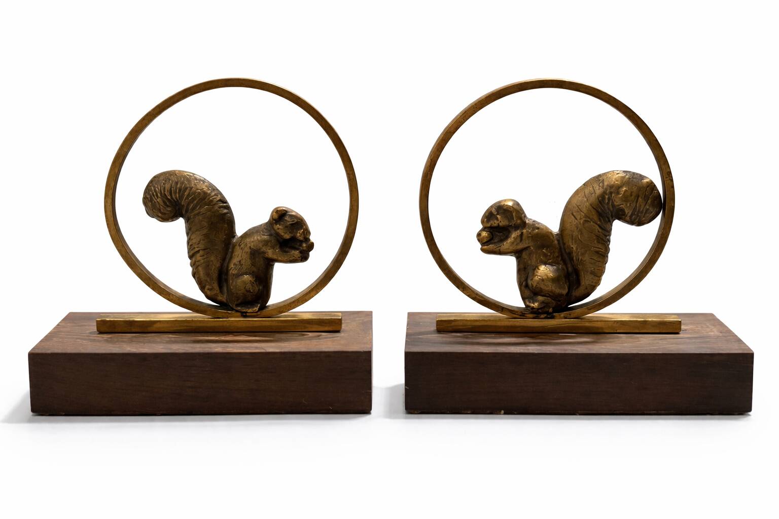 Rare Pair of Art Deco Bookends "Squirrels" in Gilded Bronze and Rosewood