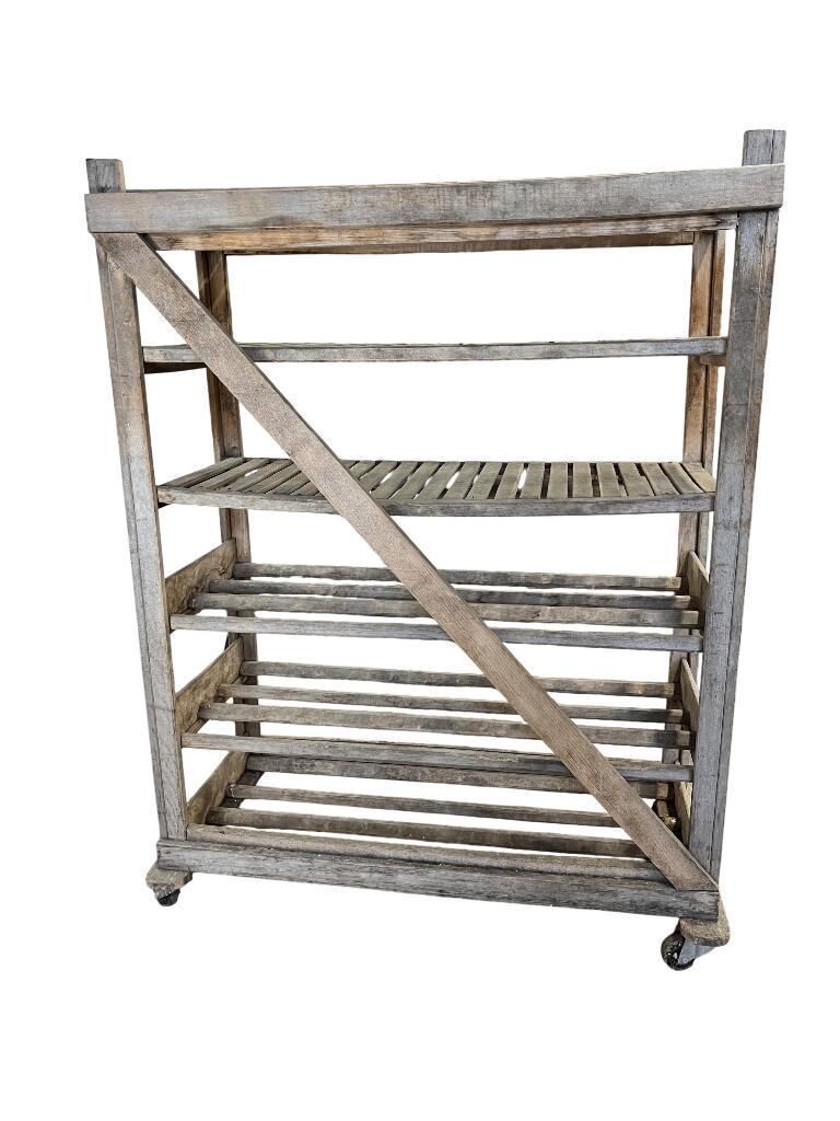 VINTAGE INDUSTRIAL WOODEN SHELF ON WHEELS