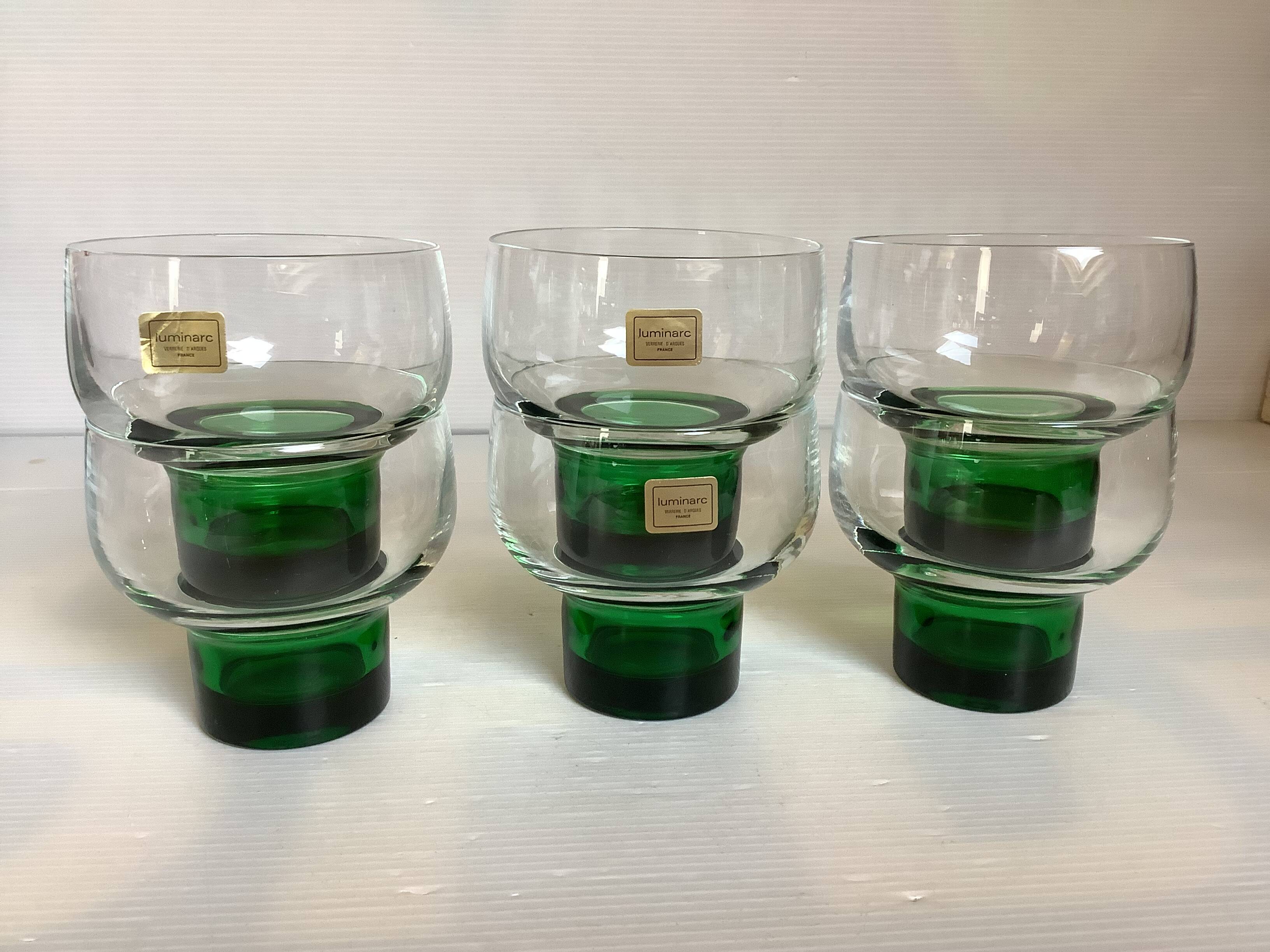 Six green footed Space Age glasses Luminarc.