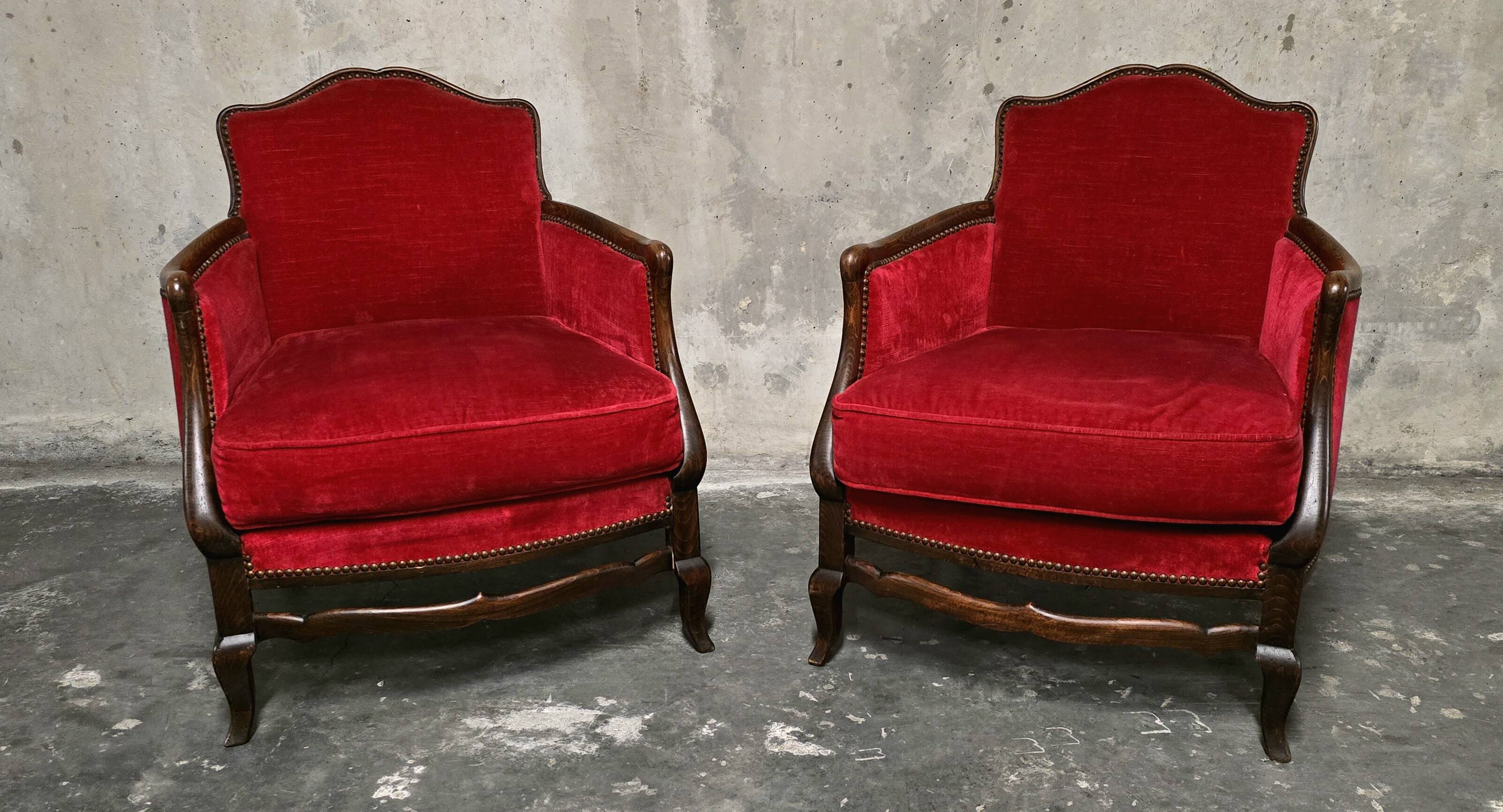 Pair of Louis XV style bergère armchairs in red velvet.