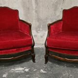 Pair of Louis XV style bergère armchairs in red velvet.
