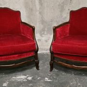 Pair of Louis XV style bergère armchairs in red velvet