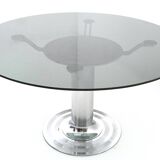 Postmodern Chromed Metal Dining Table with a Round Tempered Glass Top, Italy