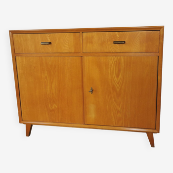 Buffet vintage 1960, bois blond, pieds compas