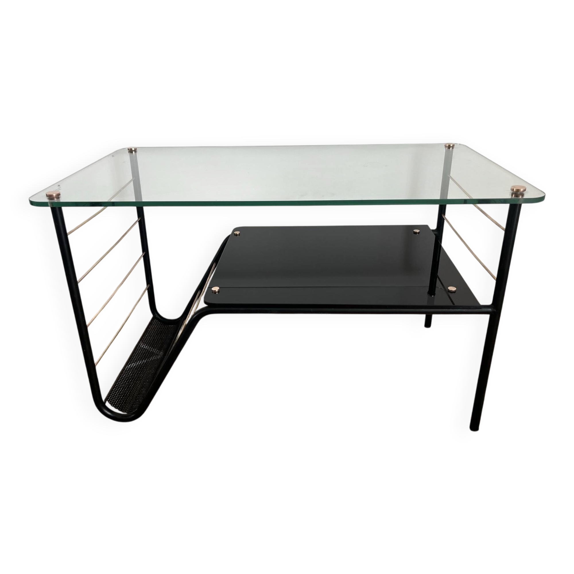 Roche Bobois metal and glass coffee table with magazine rack from the 50s