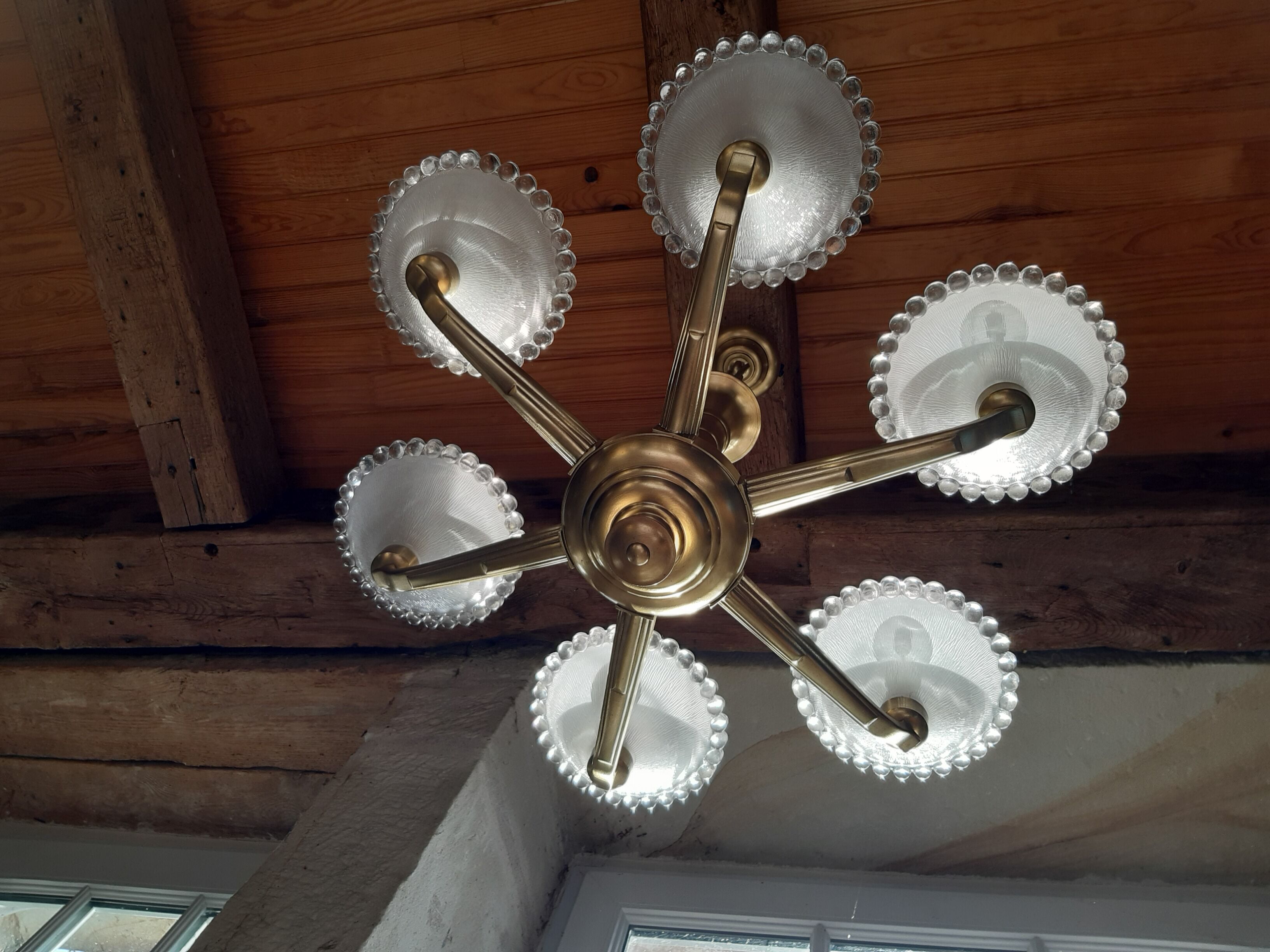 Old art deco bronze chandelier 6 branches frosted molded glass.