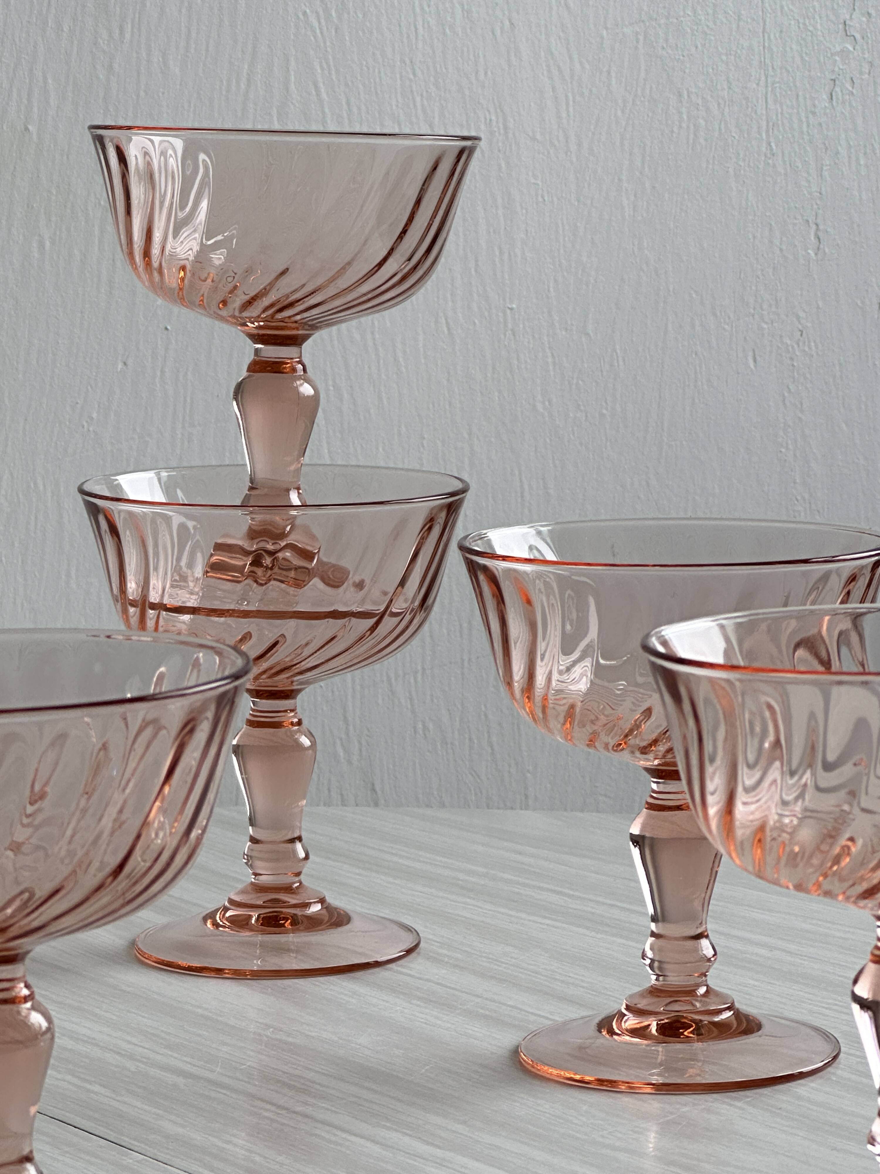 10 Vintage Twisted Pink Glass Champagne Coupes