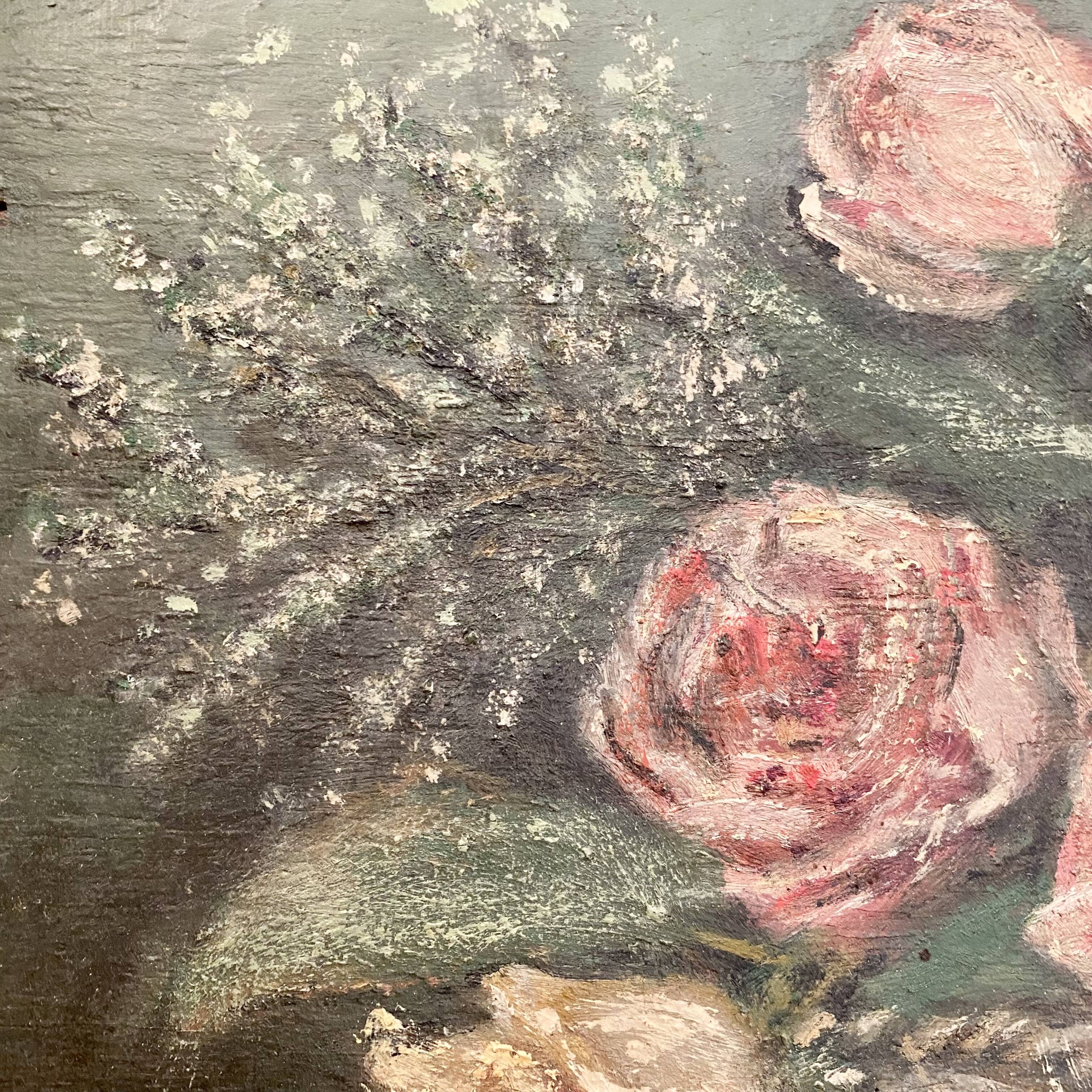 Peinture sur bois bouquet de roses signé
