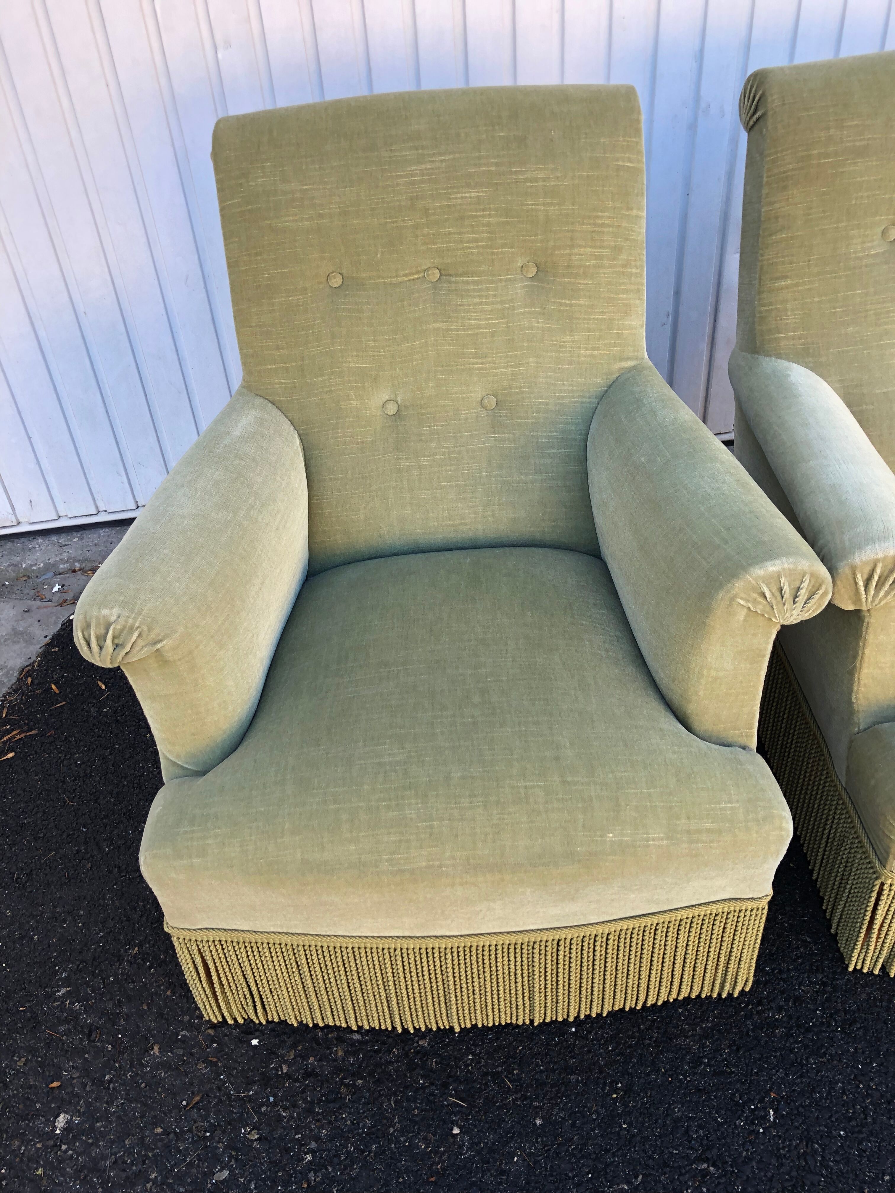 Pair of vintage almond green velvet armchairs