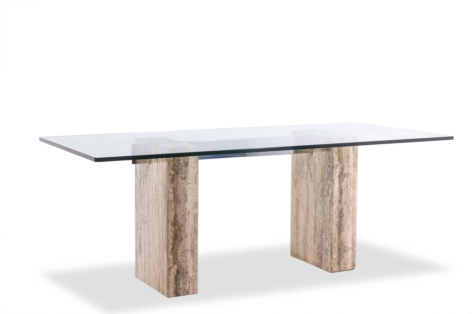 Console, or desk, in glass and travertine. 1980s.