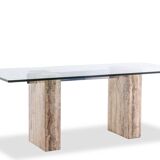 Console, or desk, in glass and travertine. 1980s.