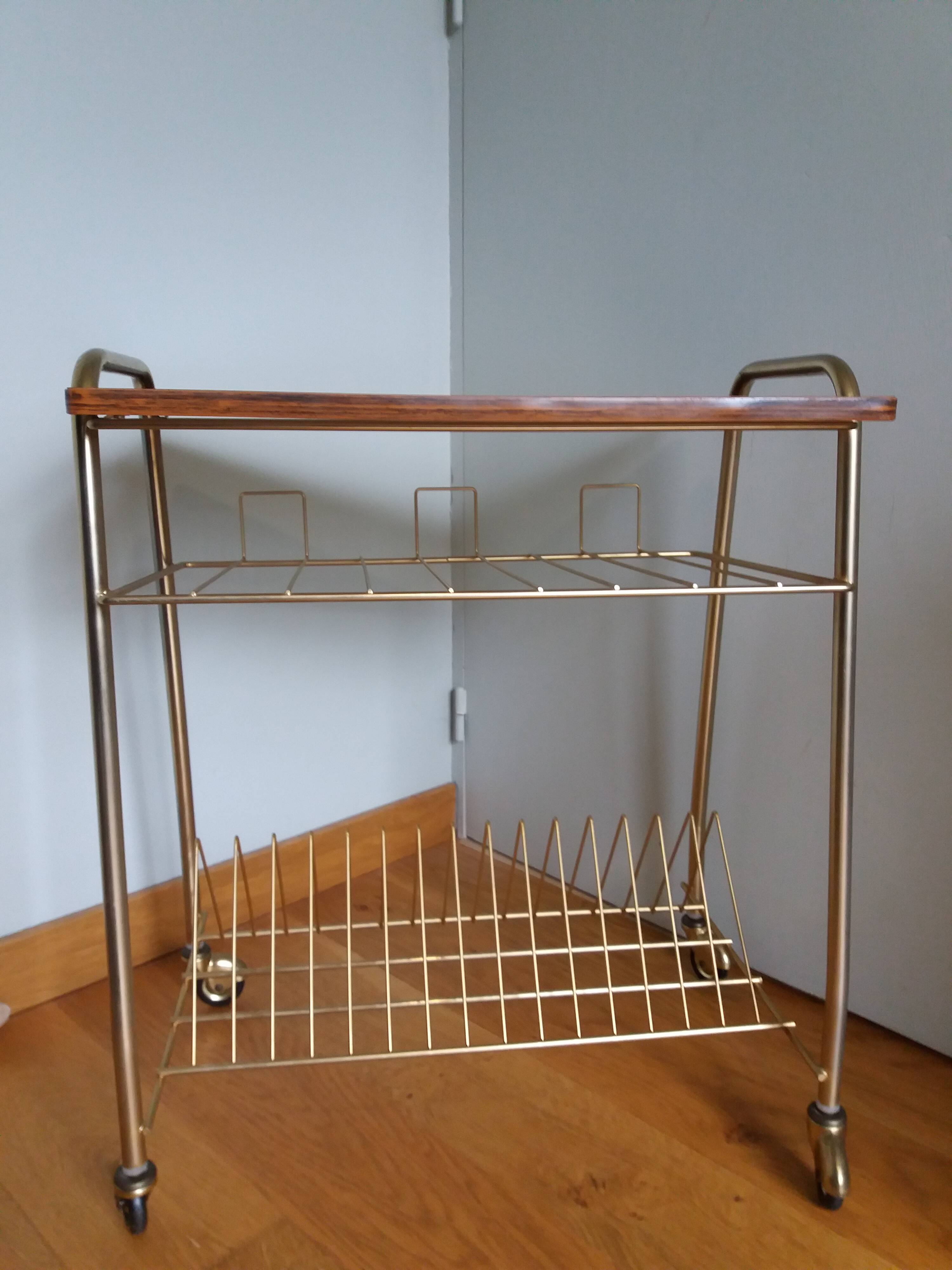 Table trolley for vinyls or magazines in gold metal and formica