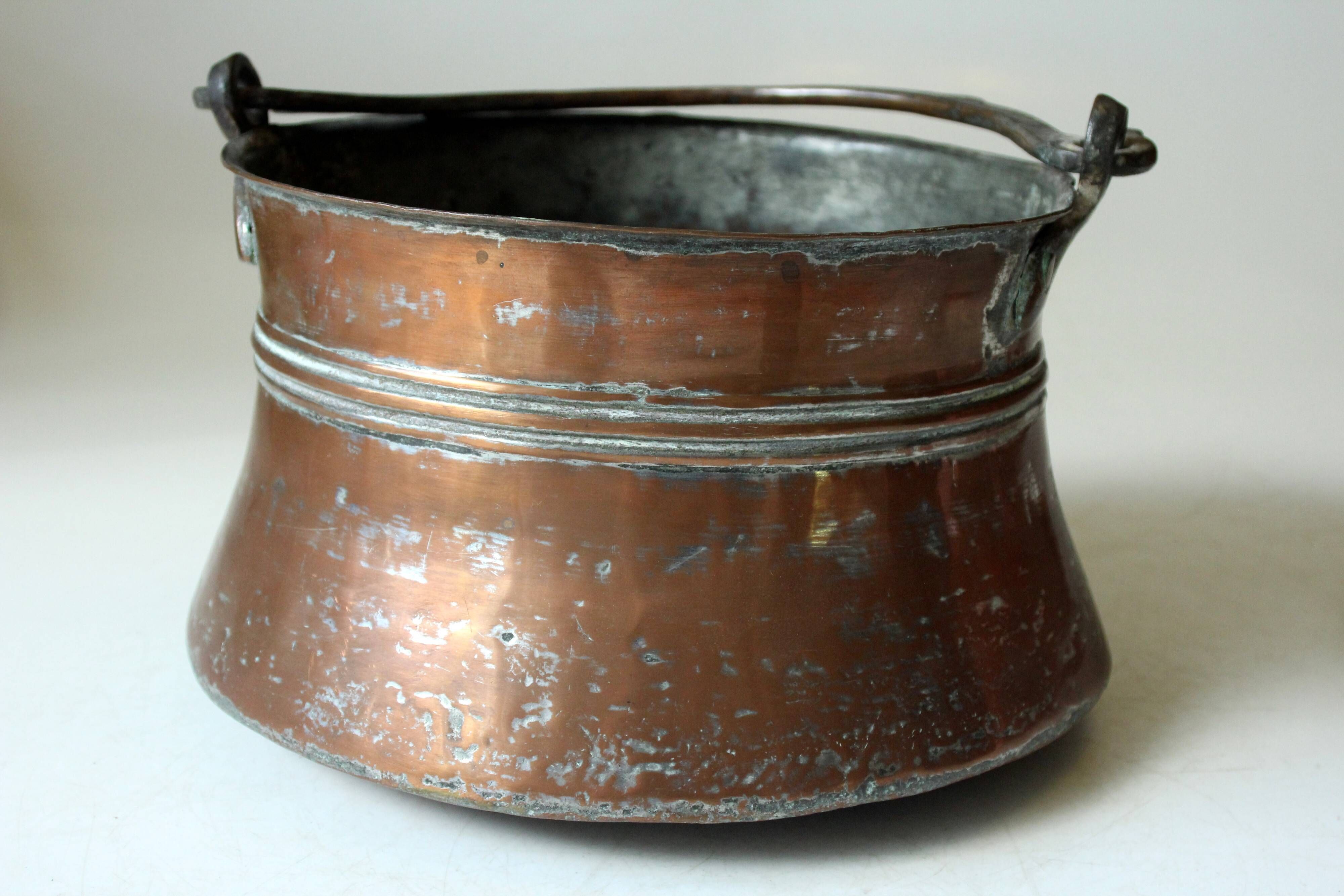 Large copper planter with wrought iron handle, Boho, vintage from the 1950s
