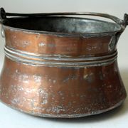 Large copper planter with wrought iron handle, Boho, vintage from the 1950s