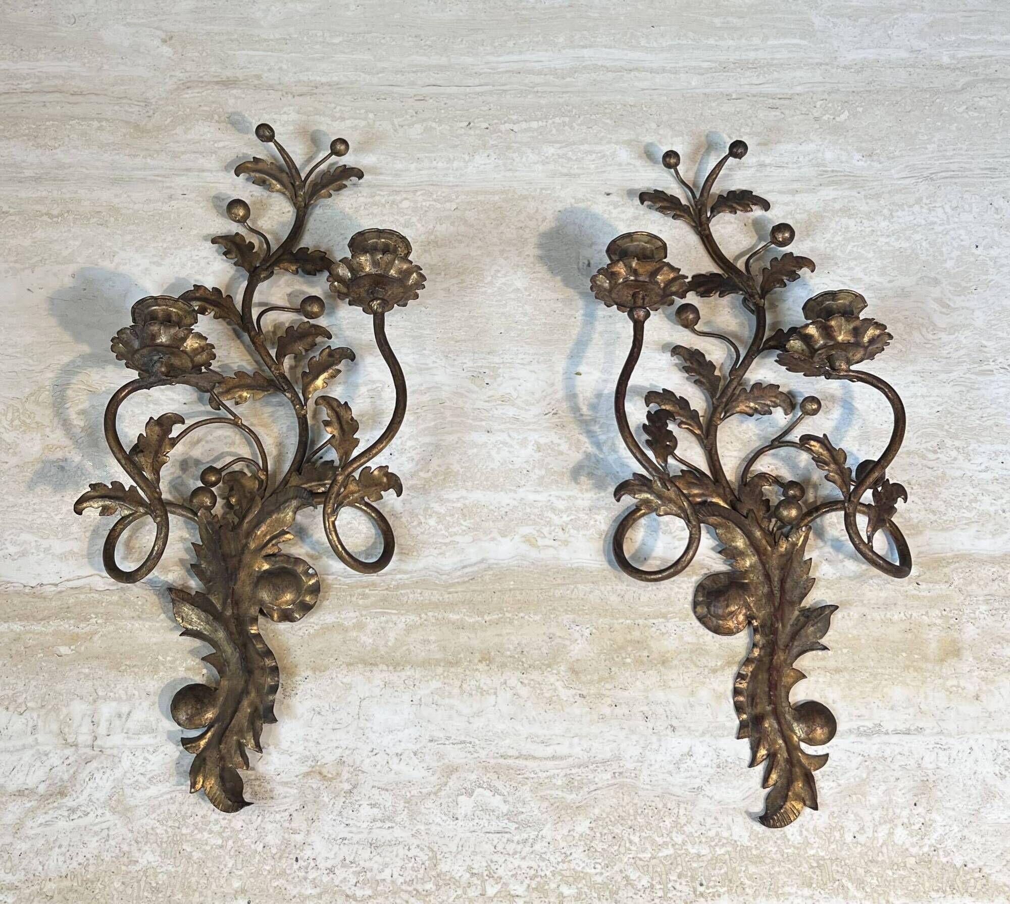 Pair of Two-Arm Wall Lights in Gold Metal with Leaf Decoration