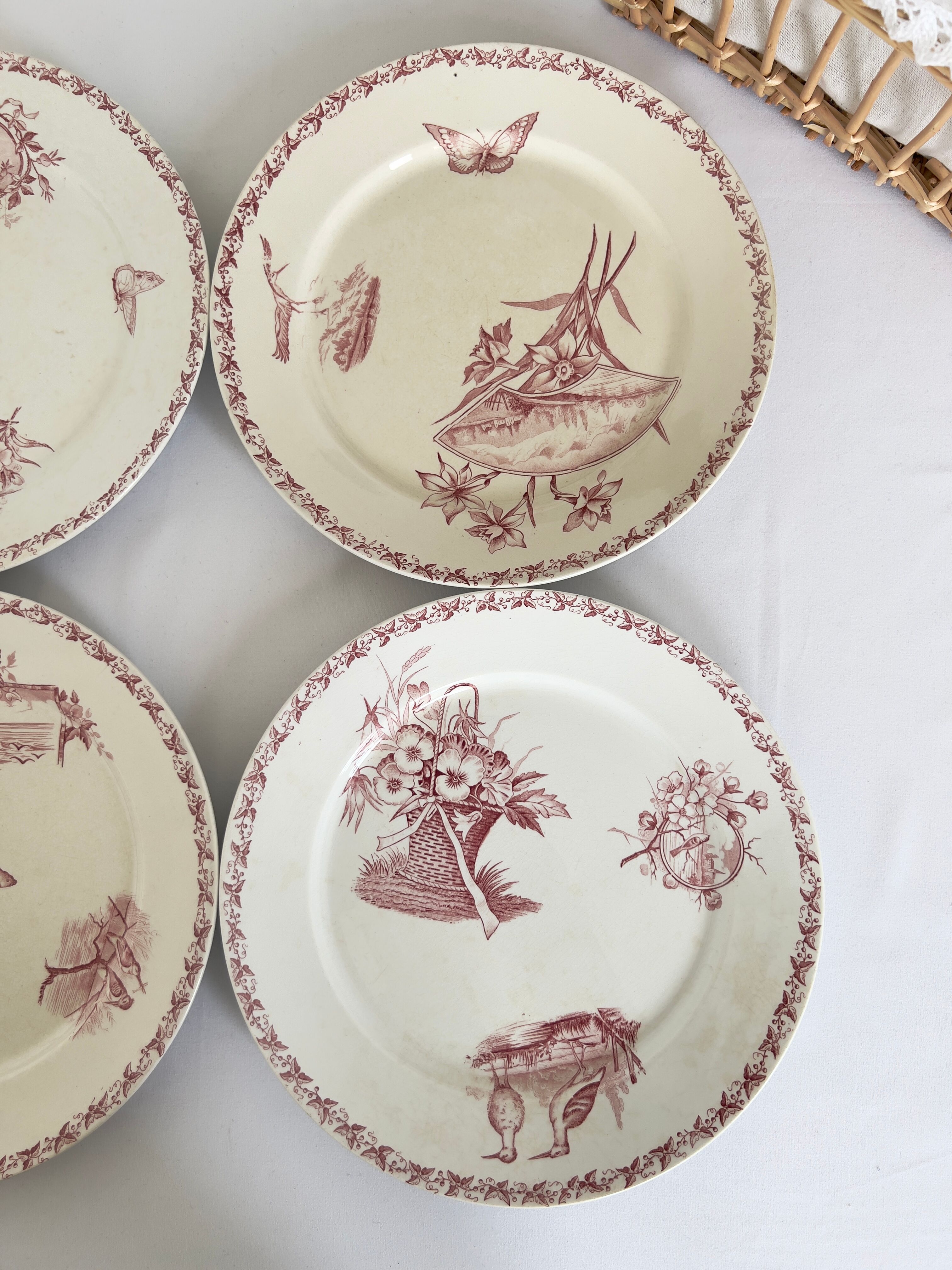 Set 5 plates Terre de Fer flat Badonviller stamped F.T model screen