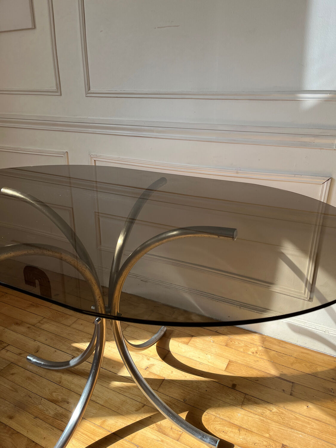 Vintage smoked glass oval dining table