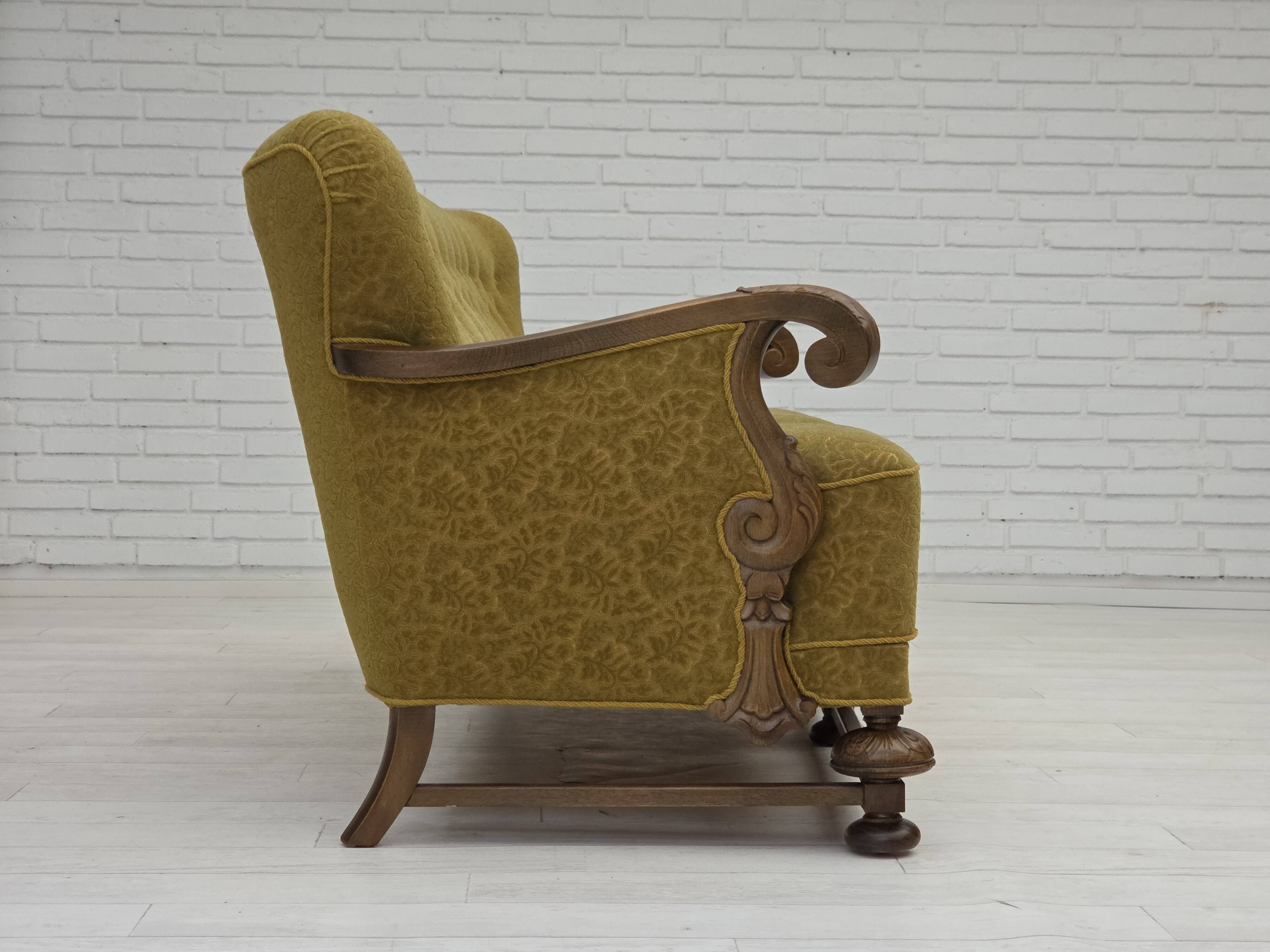 1960s, 3-seater Danish sofa, cotton/wool furniture fabric, solid oak wood.