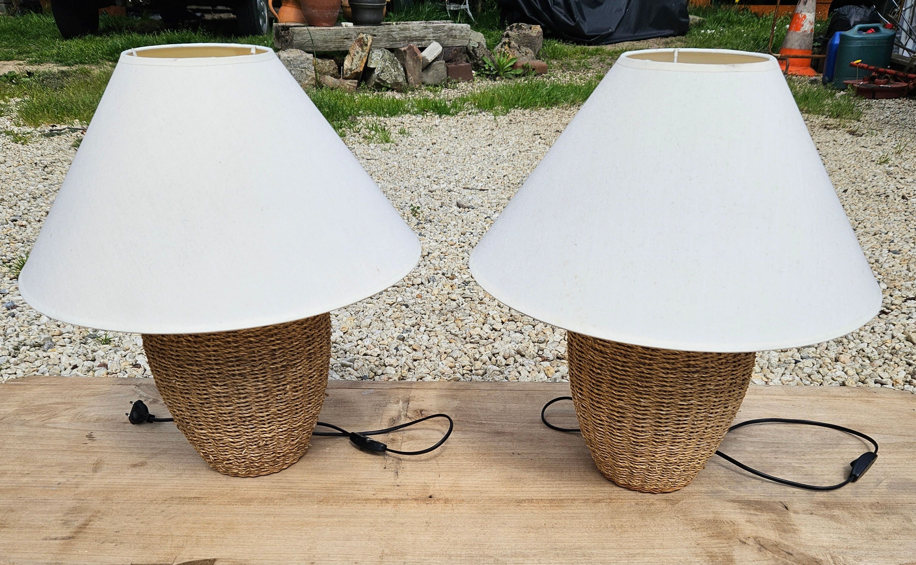 Pair of vintage braided rope bedside lamps