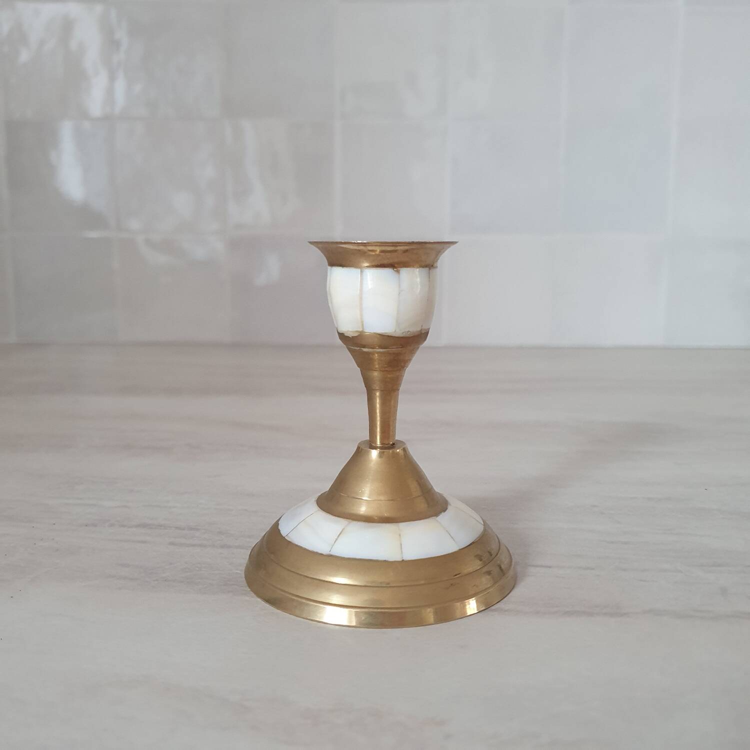 Brass and mother-of-pearl candle holder