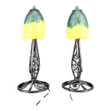 Pair of Wrought Iron & Blown Glass Lamps, France, Art Deco, c. 1930
