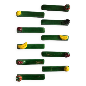 Set of 10 old fruit and vegetable barbotine knife holders