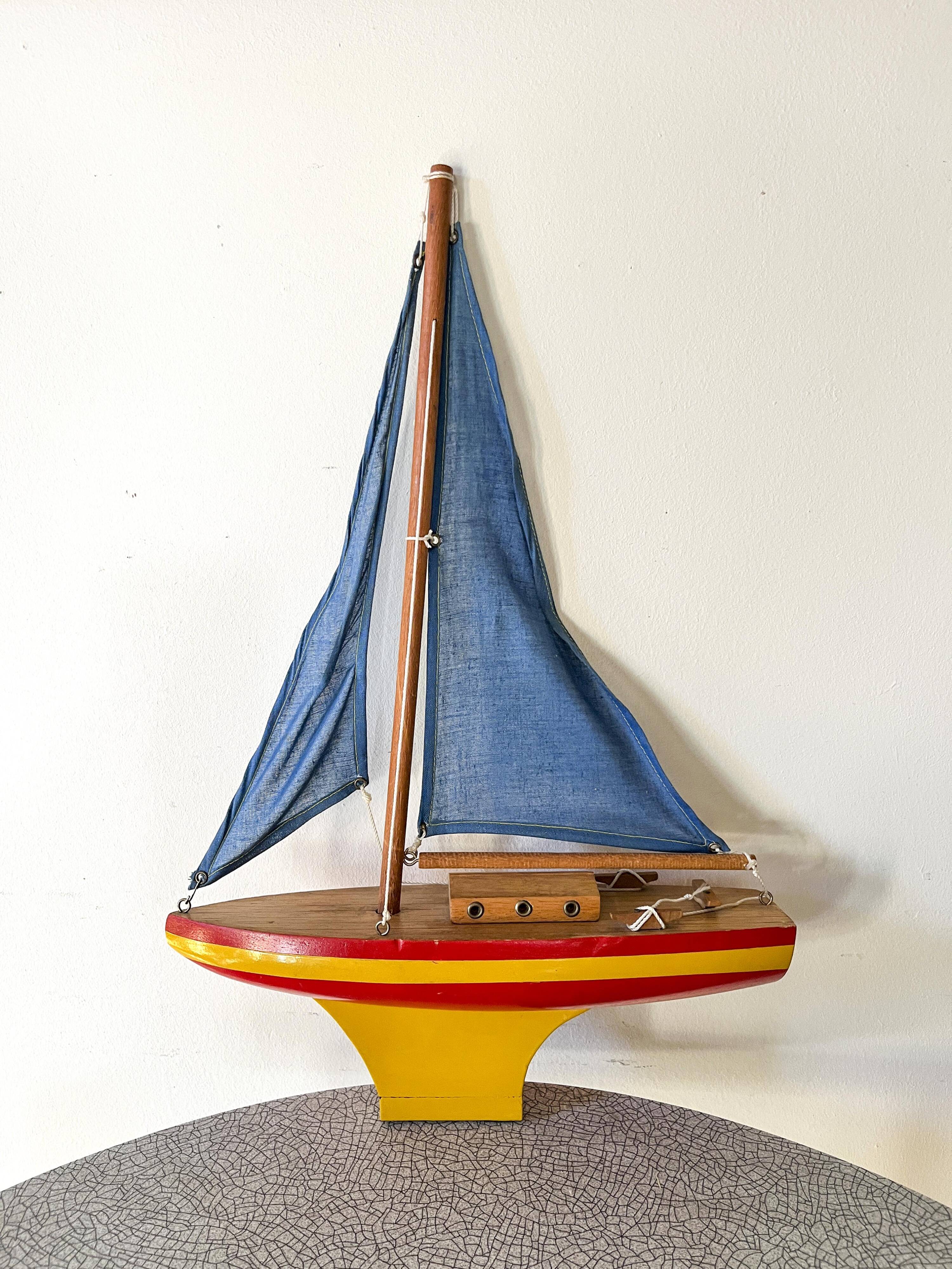 Wooden sailboat, cotton sails, vintage toy