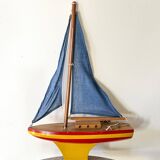 Wooden sailboat, cotton sails, vintage toy