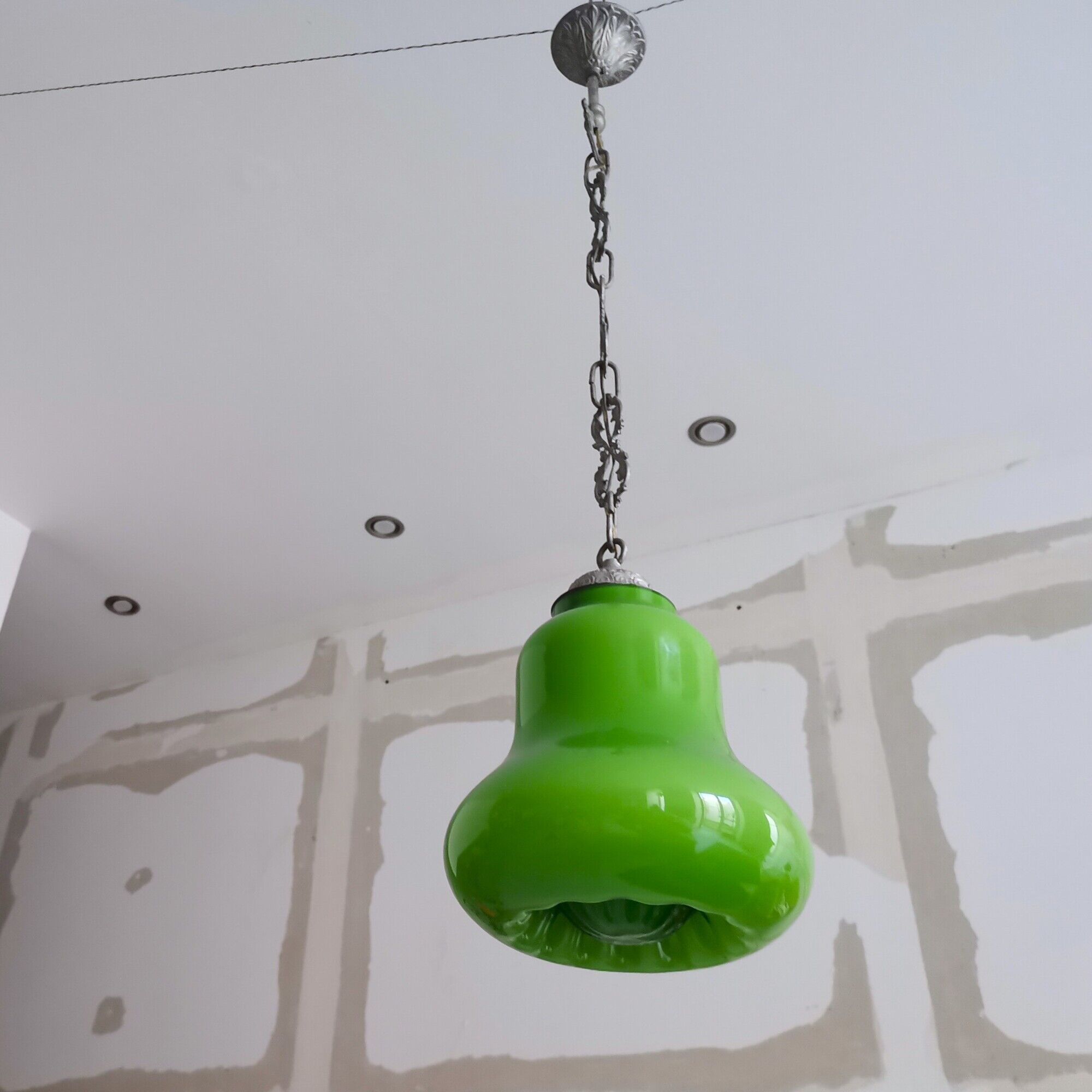 Mid-century portuguese green opaline glass hanging lamp 1960s