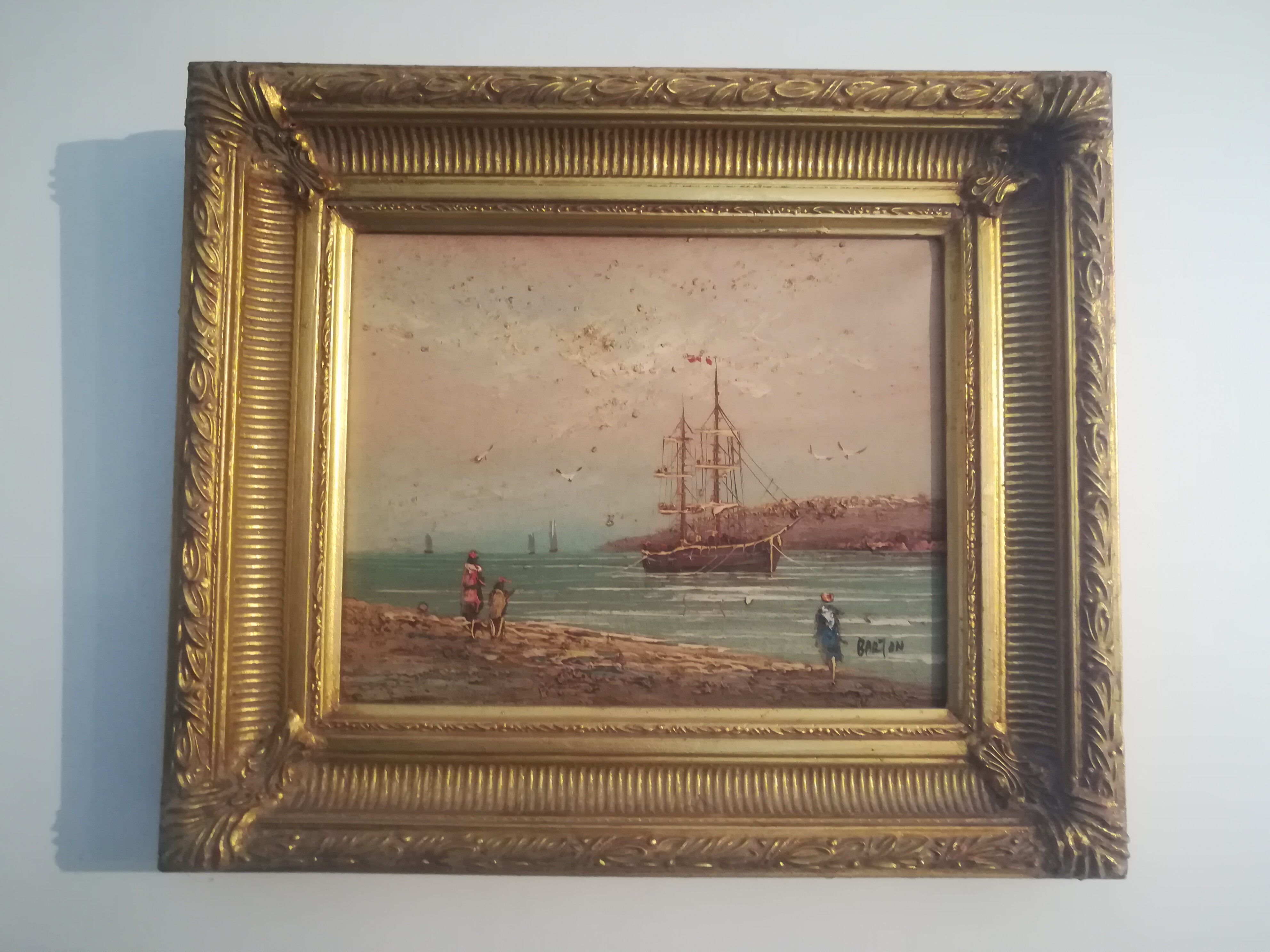 Oil on canvas signed Barton marine in gilded frame