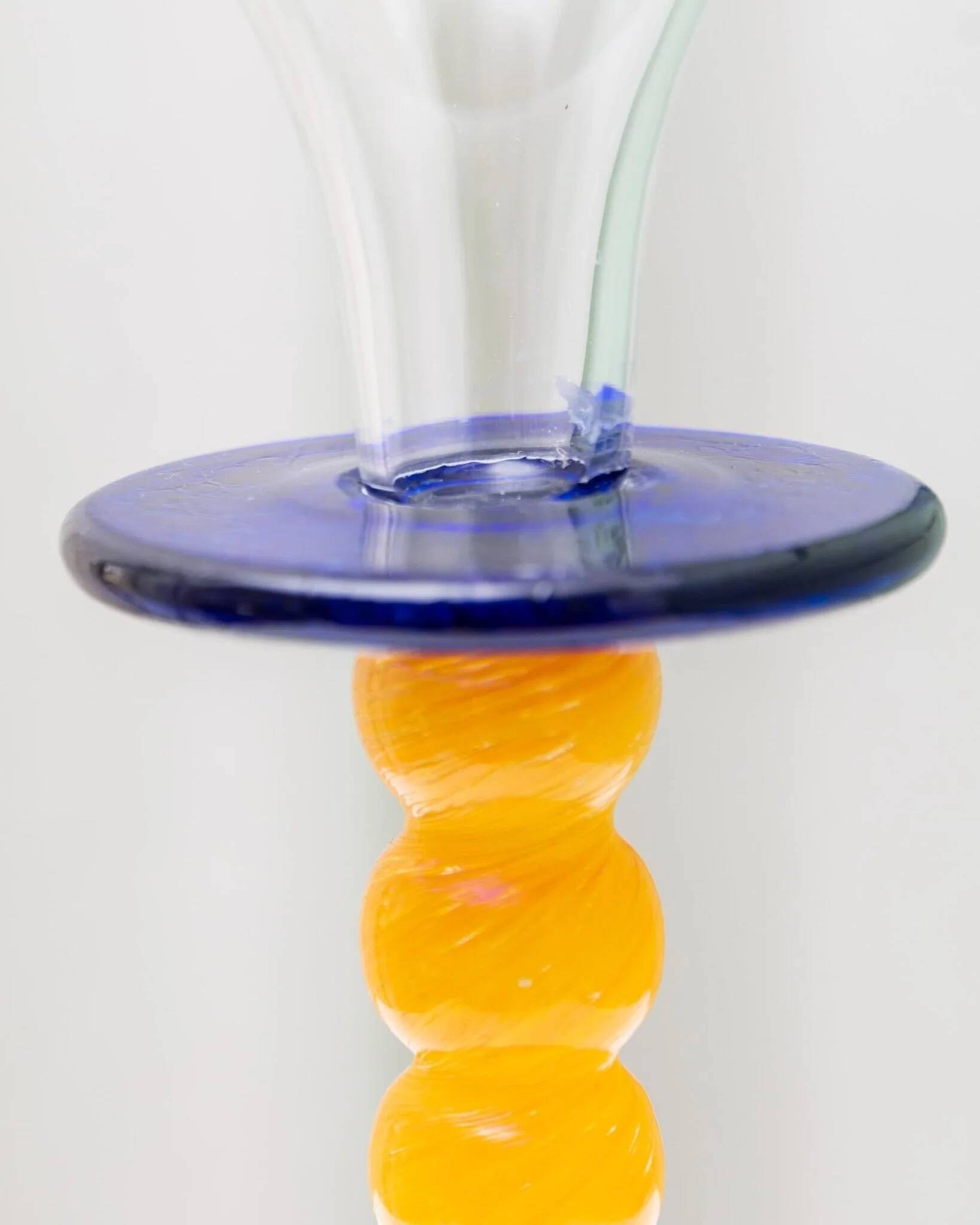 Murano Glass Candleholder - Postmodern Memphis Milano 1980s, Yellow Stem, Cobalt Base, Clear Cup