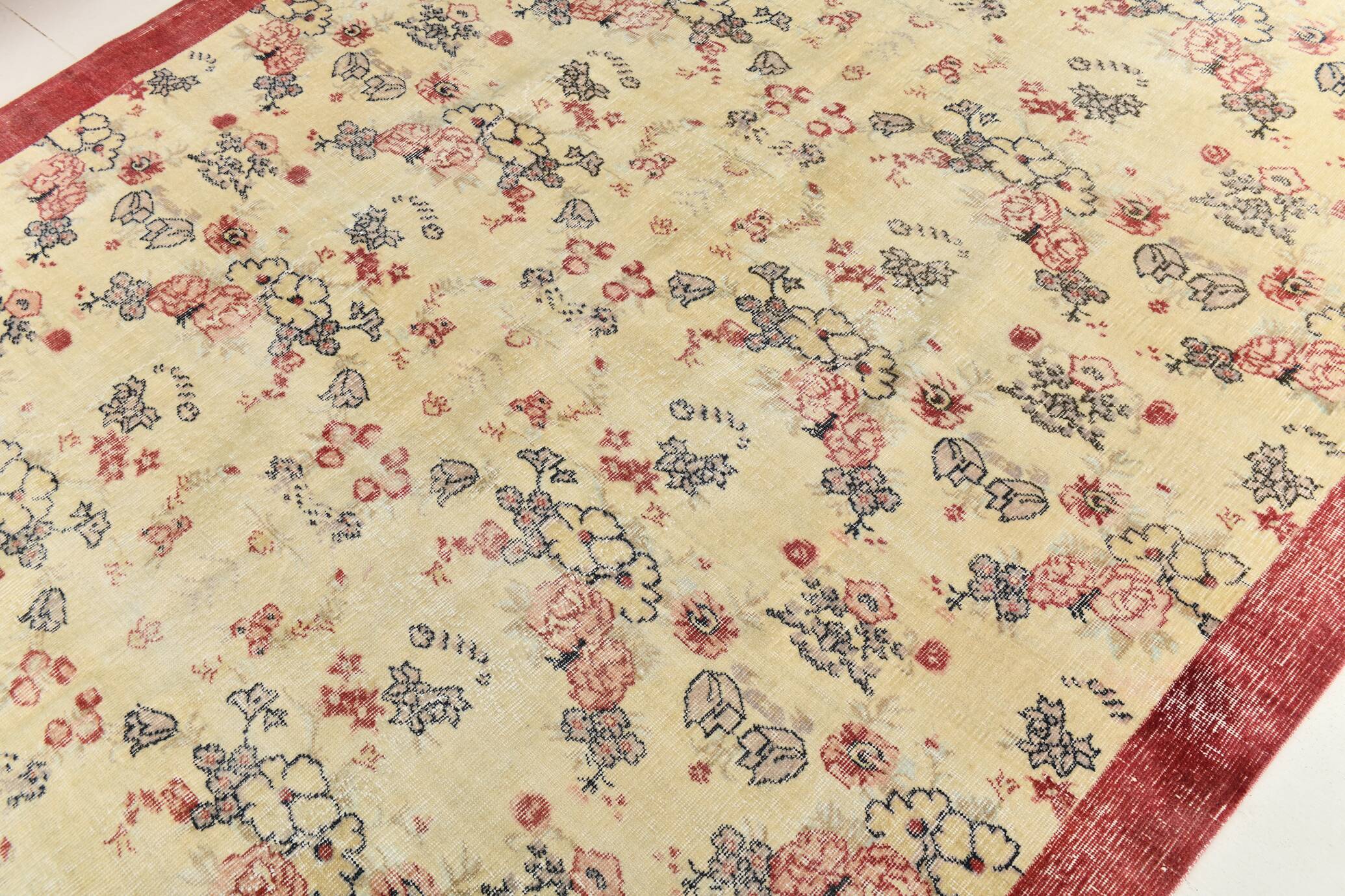 7x9 Yellow & Burgundy Floral Turkish Vintage Rug, 216x281Cm