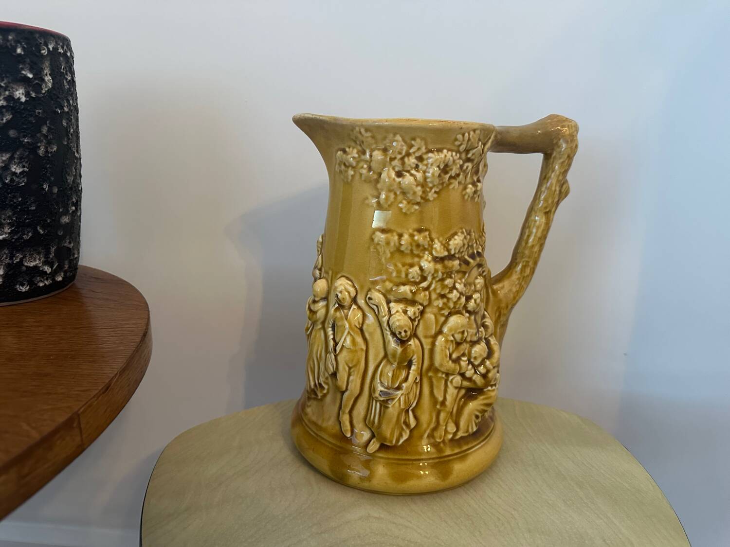 Old large Sarreguemines Majolica earthenware pitcher, vintage slip