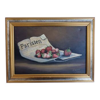 Ancien tableau nature morte fraises et journal de  F. Vernet