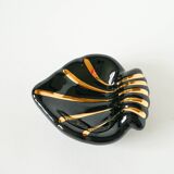 Heart / shell ceramic pocket tray, black and gold, signed, 1950