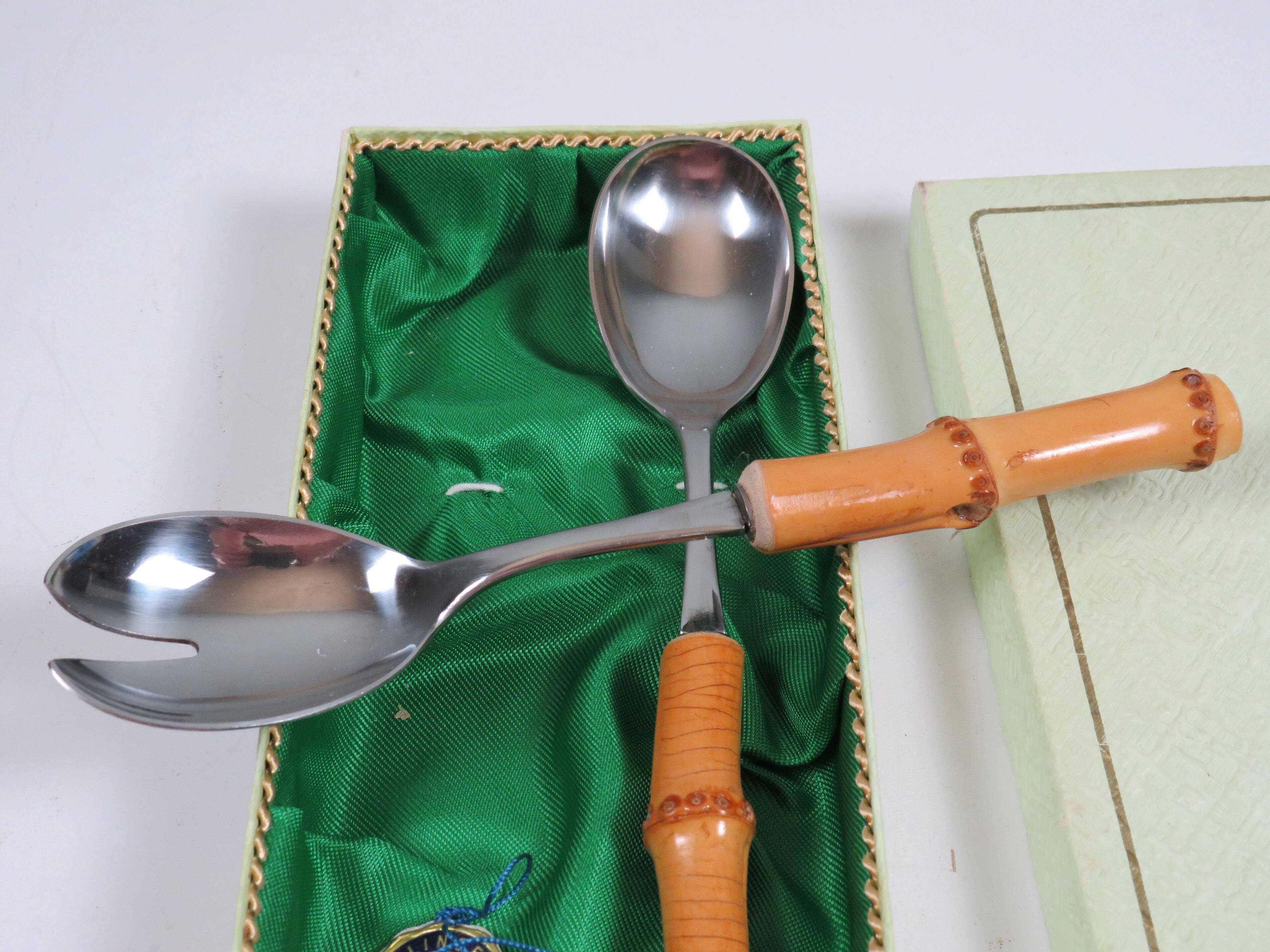 Vintage salad service Solingen in stainless steel and bamboo – Germany