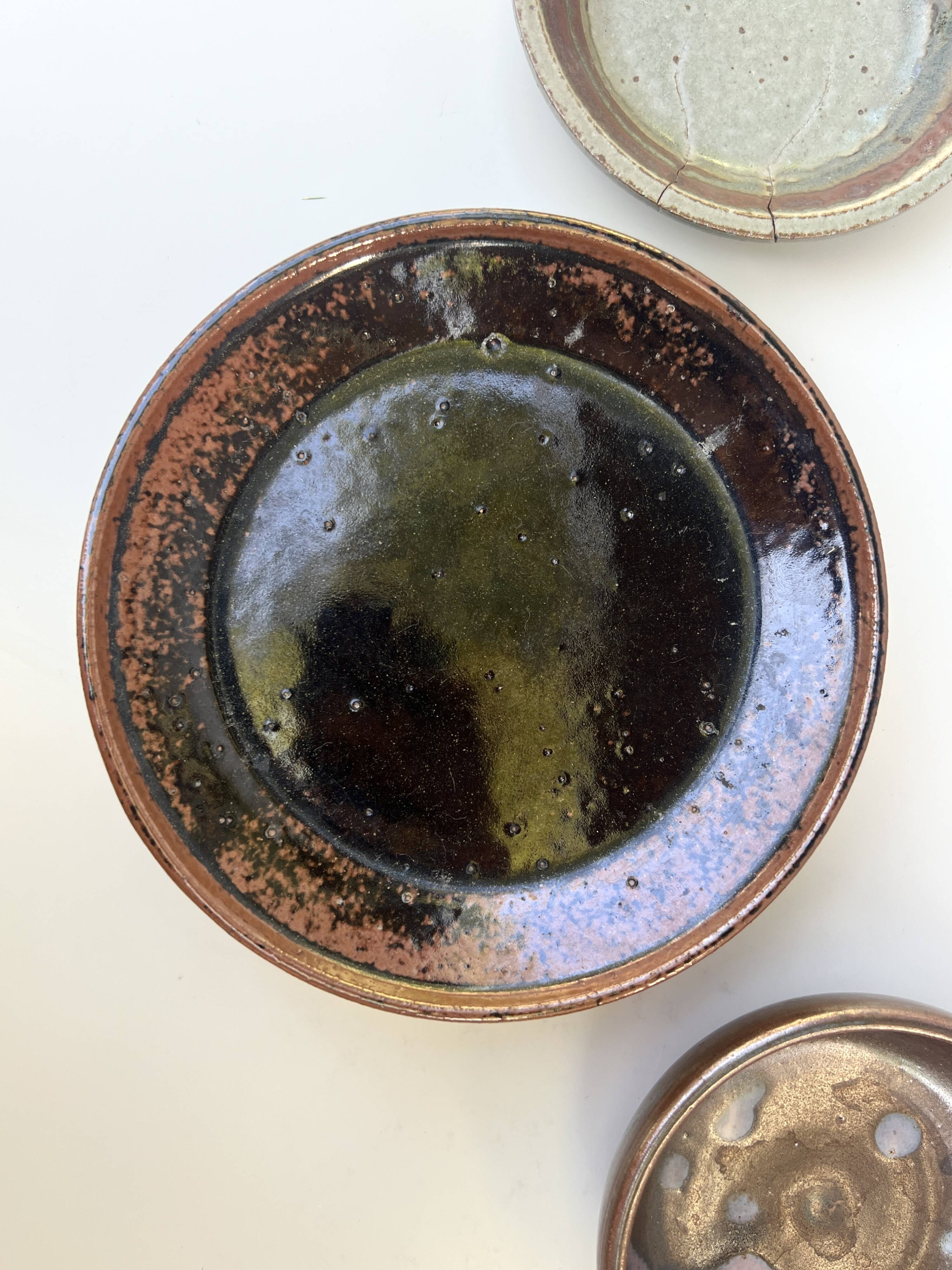 Set of 3 Keraluc dessert/brunch plates in turned stoneware, France 1970.