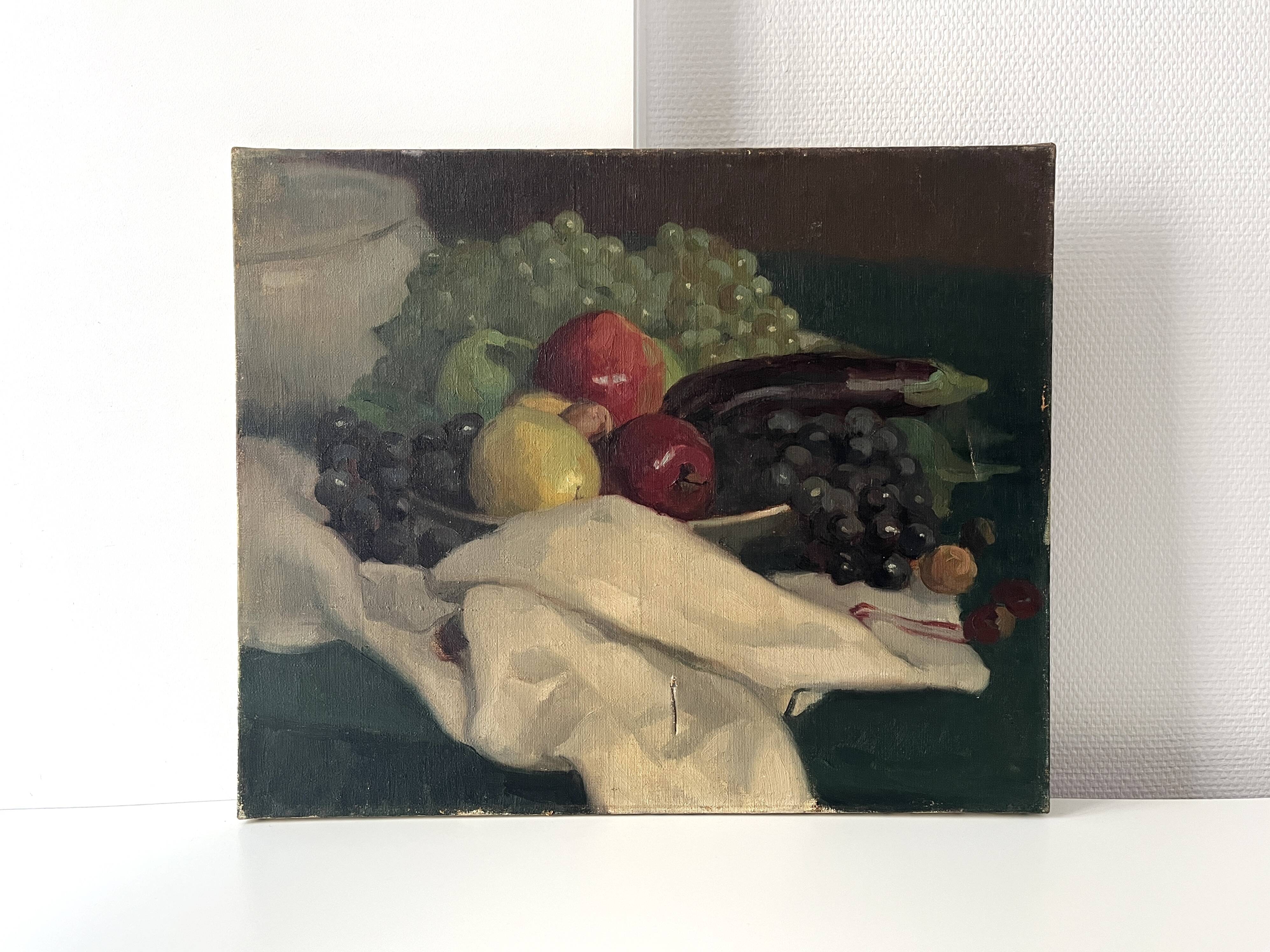Old oil painting on canvas of a still life with fruits.