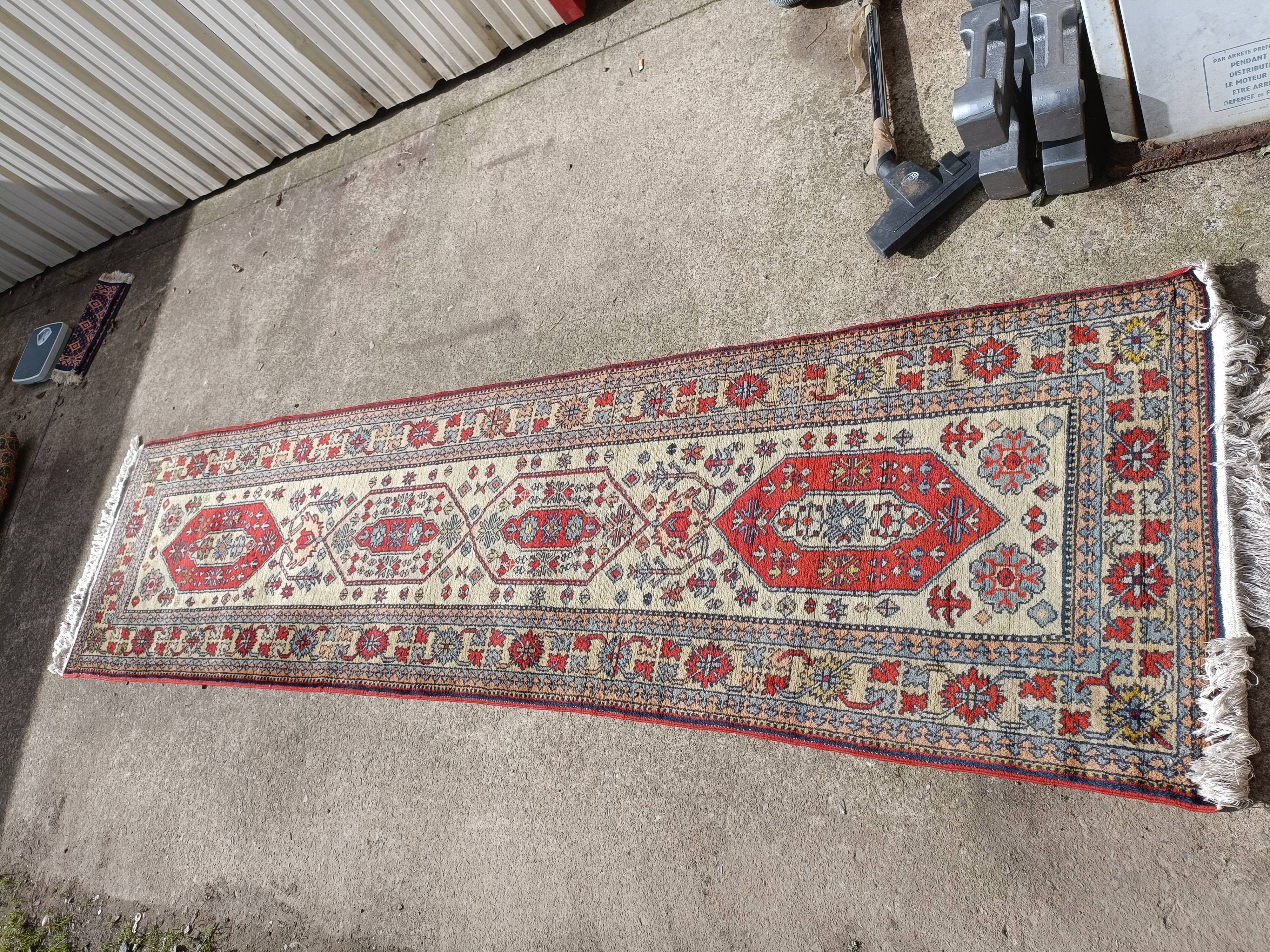 Handmade wool gallery carpet, geometric décor beige and red background, 3 m