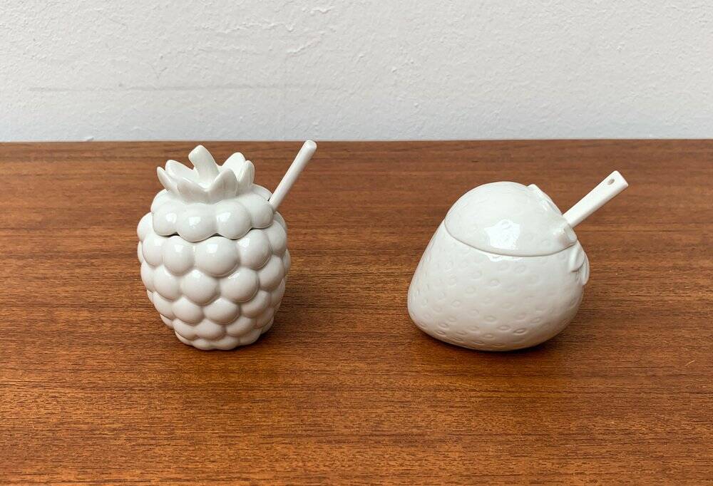 Vintage German porcelain jam pot with lid and spoon from Krömer Porzellan, 1970s, set of 2.