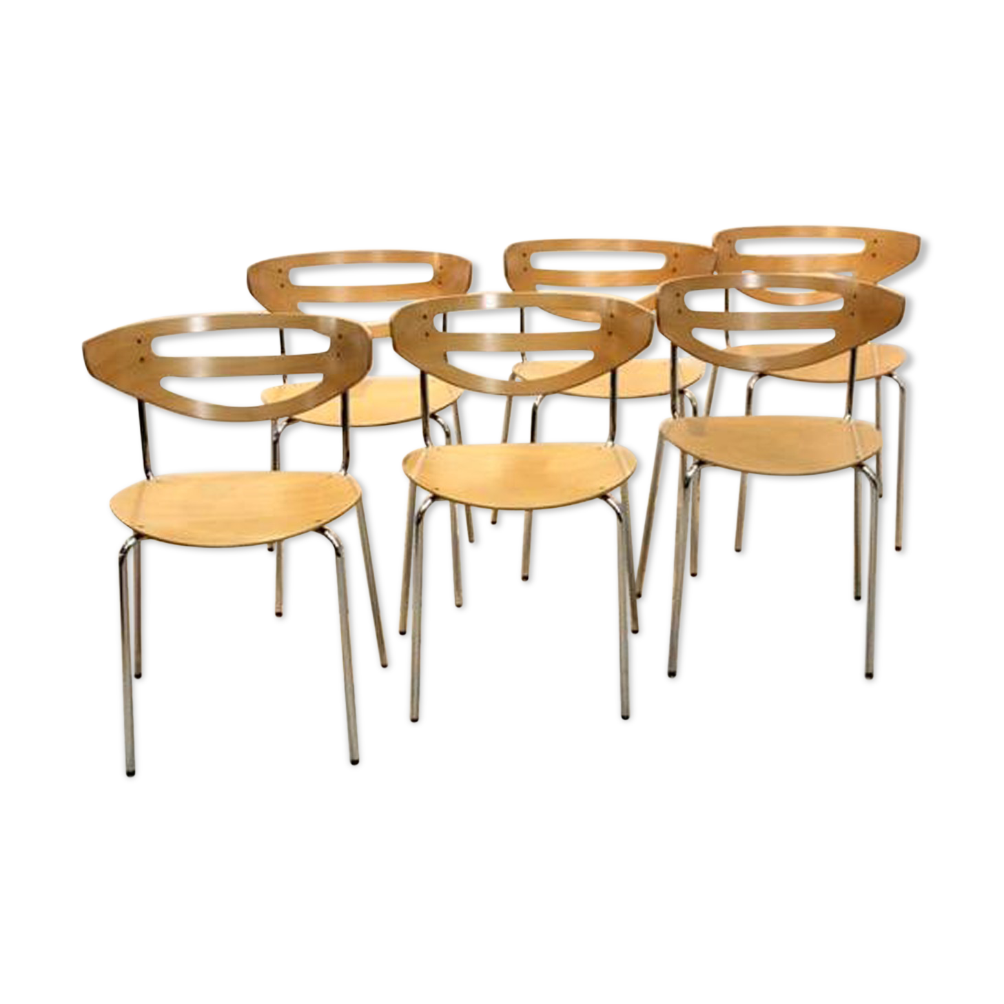 Thonet curved dining chairs stacked in chrome and beech
