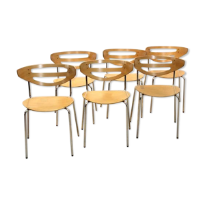 chaises de salle à manger courbées Thonet empilables en chrome et hêtre