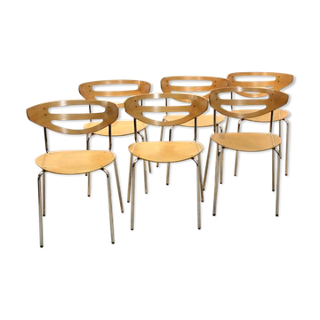 Chaises de salle à manger courbées Thonet empilables en chrome et hêtre
